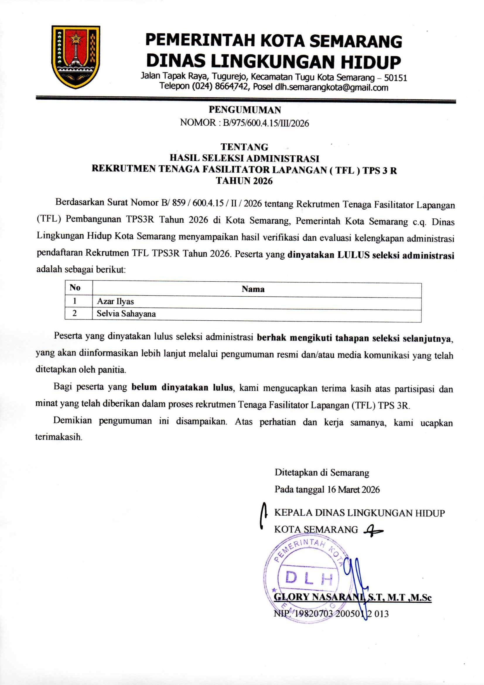 foto Berita HASIL SELEKSI ADMINISTRASI TFL TPS 3 R TAHUN 2026