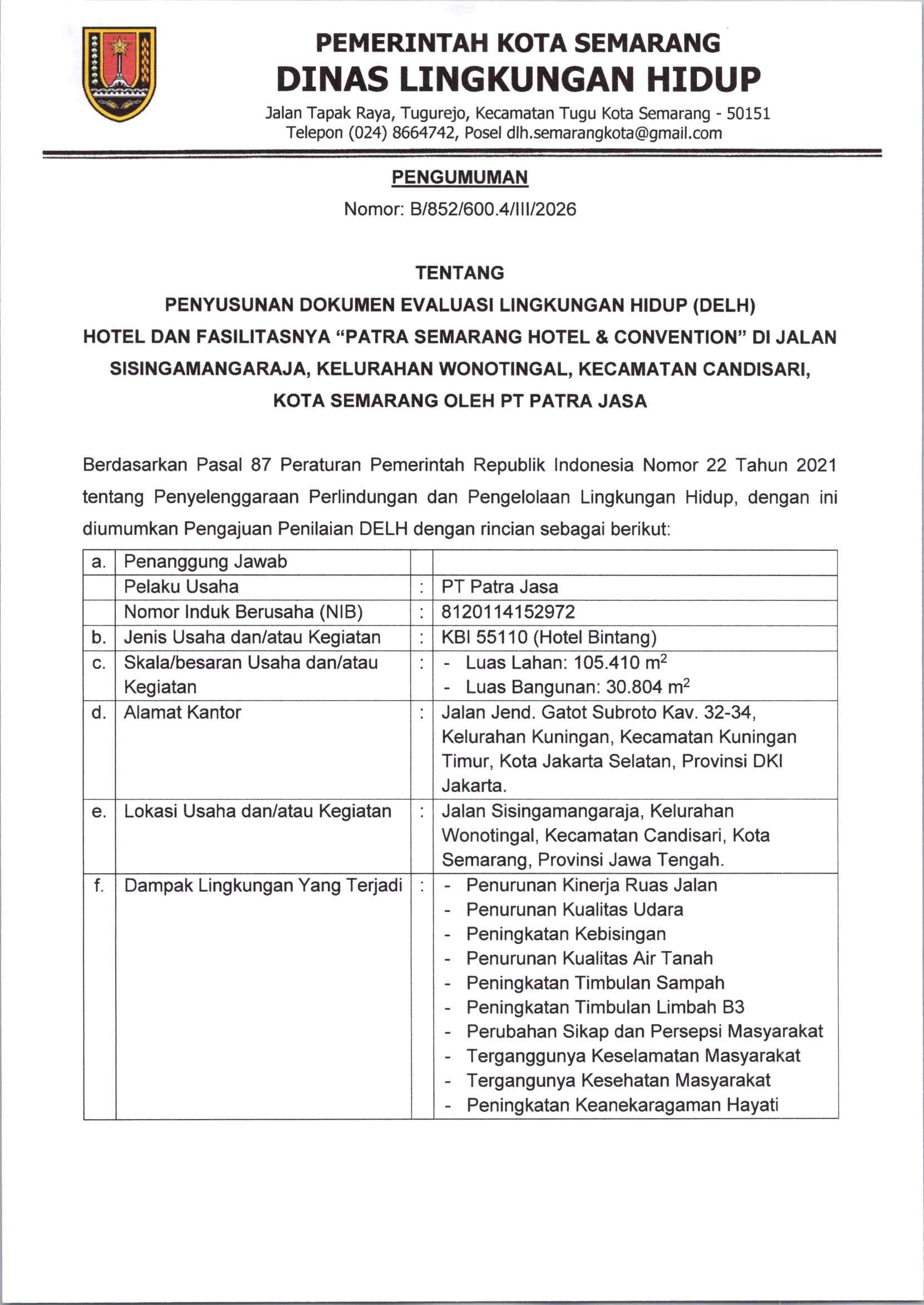 foto Berita Pengumuman Dokumen Evaluasi Lingkungan Hidup DELH Hotel dan Fasilitasnya Patra Semarang Hotel Convention PT Patra Jasa