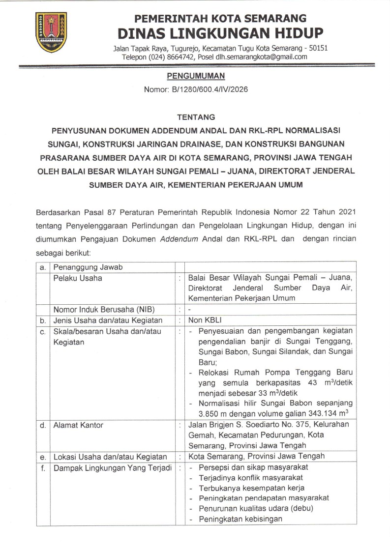Pengumuman Addendum Andal dan RKL RPL BBWS Pemali Juana